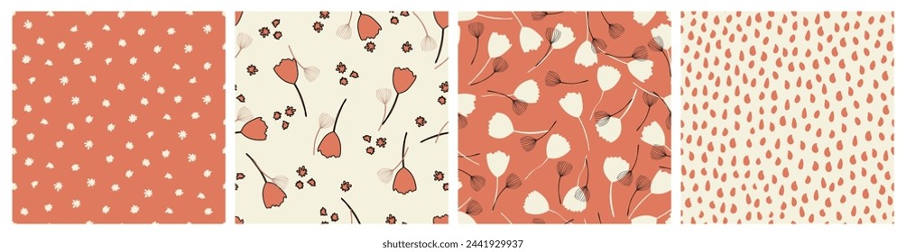 Ilustración vectorial. Conjunto de patrones florales modernos sin costuras para la impresión, rosa, terracota, beige, tonos blancos. Flores de fondo, patrones, papel pintado, papel de diseño