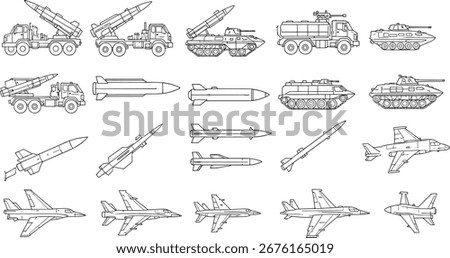 Vector illustration set of modern warfare equipment, showcasing pixelated icons of military hardware and combat vehicles