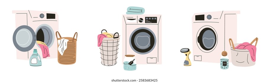 Vector illustration set of modern washing machines with laundry baskets, detergent, and fabric care accessories in minimalist flat style, household routine, cleaning organization collection