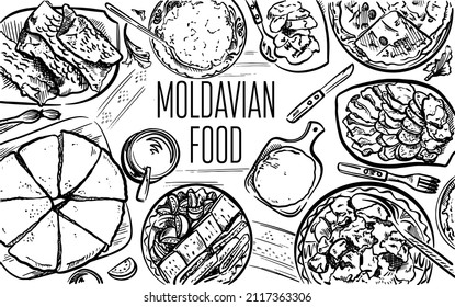 Vector illustration set of moldavian food. National kitchen of Moldova: hominy, sour cream, tomatoes, cucumbers, pies, vertuts, lettuce, cottage cheese, cheese, fish, meat