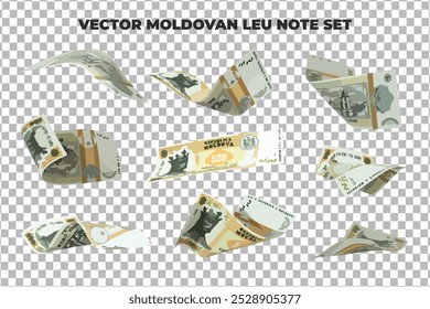 Vector illustration of set of Moldovan leu zig notes flying in different angles and orientations. Currency note design in Scalable eps format