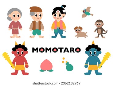 Vector illustration set of Momotaro characters. Momotaro is well-known story in Japan. Momotaro, old couple, dog, monkey, pheasant, and demon.