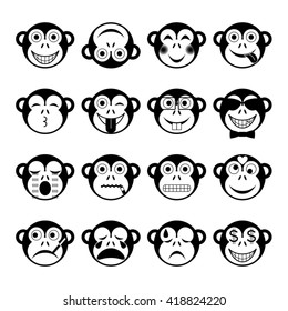 vector illustration set of monkey emoticons in black and white