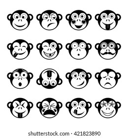 vector illustration set of monkey emoticons in black and white