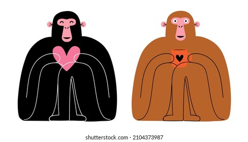 Vector illustration set with monkeys holding heart and cup of hot drink as tea or coffee. Trendy print design collection with animals