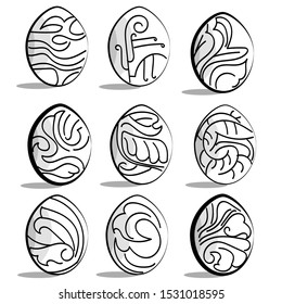 Vector illustration with set of monochrome abstract isolated Easter eggs on blank background. Color and uneven lines are used. Postcards, invitations, greeting cards, web design, printing can be used.