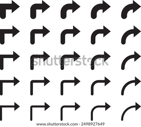 Vector illustration set of monochrome bent arrows, curved arrows, L-turn arrows