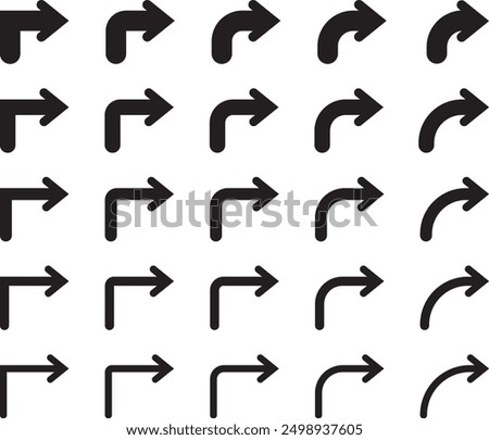 Vector illustration set of monochrome bent arrows, curved arrows, L-turn arrows