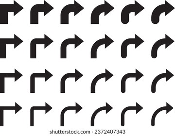 Vector illustration set of monochrome curved arrows, L turn arrows
