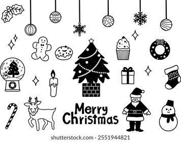 Vector illustration of a set of monochrome line drawings of cute Christmas items