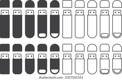 Conjunto de ilustraciones vectoriales de iconos monocromos del estilo de la unidad flash USB