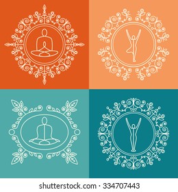 Vector illustration. Set of monograms with floral ornament for yoga studio, class, yoga retreat. Identity design in linear style. Logo template for SPA, beauty salon, fitness center, Ayurveda clinic. 