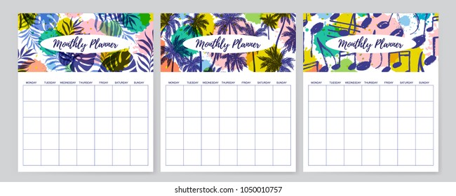 Vector illustration, set of Monthly Planners design templates with colorful headers with hand drawn leaves, palm trees and music notes.