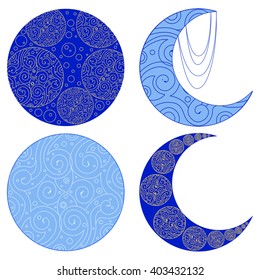 Vector illustration, Set of  moon icons isolated on white background. Ethnic amulet.