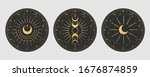 Vector illustration set of moon phases. Different stages of moonlight activity in vintage engraving style. Zodiac Signs