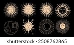Vector illustration set of moon phases. Different stages of moonlight activity in vintage engraving style. Zodiac Signs	