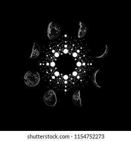 Vector illustration set of moon phases. Different stages of moonlight activity in vintage engraving style
