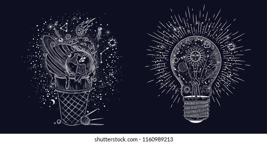 Vector illustration set of moon phases. Different stages of moonlight activity in vintage engraving style