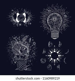 Vector illustration set of moon phases. Different stages of moonlight activity in vintage engraving style