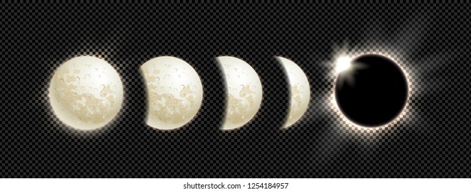 Vector illustration set of moon phases and eclipse on outer transparency background.
