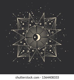 Vector illustration set of moon phases. Different stages of moonlight activity in vintage engraving style