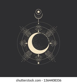 Vector illustration set of moon phases. Different stages of moonlight activity in vintage engraving style