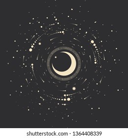 Vector illustration set of moon phases. Different stages of moonlight activity in vintage engraving style