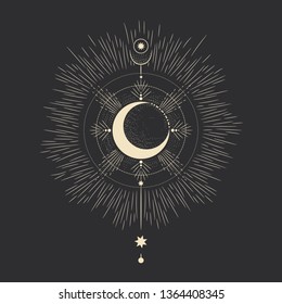 Vector illustration set of moon phases. Different stages of moonlight activity in vintage engraving style