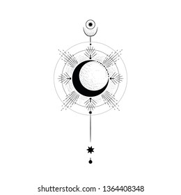 Vector illustration set of moon phases. Different stages of moonlight activity in vintage engraving style