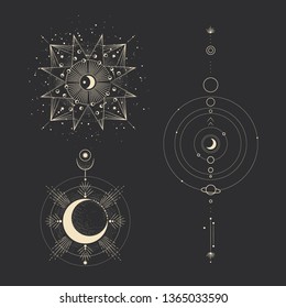 Vector illustration set of moon phases. Different stages of moonlight activity in vintage engraving style. Zodiac Signs