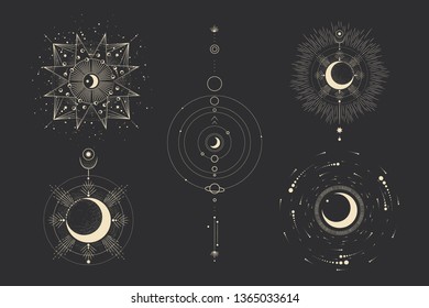 Vector illustration set of moon phases. Different stages of moonlight activity in vintage engraving style. Zodiac Signs