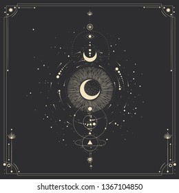 Vector illustration set of moon phases. Different stages of moonlight activity in vintage engraving style. Zodiac Signs