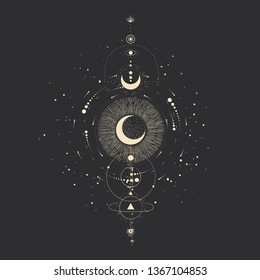 Vector illustration set of moon phases. Different stages of moonlight activity in vintage engraving style. Zodiac Signs