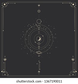 Vector illustration set of moon phases. Different stages of moonlight activity in vintage engraving style. Zodiac Signs