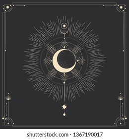 Vector illustration set of moon phases. Different stages of moonlight activity in vintage engraving style. Zodiac Signs
