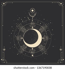 Vector illustration set of moon phases. Different stages of moonlight activity in vintage engraving style. Zodiac Signs