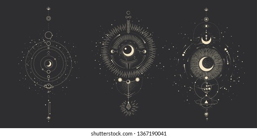 Vector illustration set of moon phases. Different stages of moonlight activity in vintage engraving style. Zodiac Signs