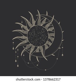 Vector illustration set of moon phases. Different stages of moonlight activity in vintage engraving style