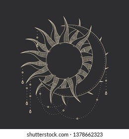 Vector illustration set of moon phases. Different stages of moonlight activity in vintage engraving style