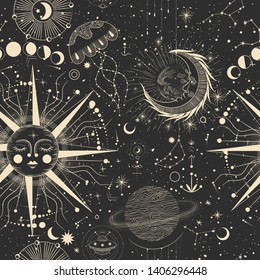 Vector illustration set of moon phases. Different stages of moonlight activity in vintage engraving style. Zodiac Signs