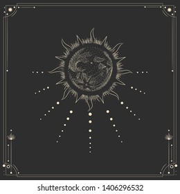 Vector illustration set of moon phases. Different stages of moonlight activity in vintage engraving style. Zodiac Signs