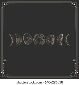 Vector illustration set of moon phases. Different stages of moonlight activity in vintage engraving style. Zodiac Signs