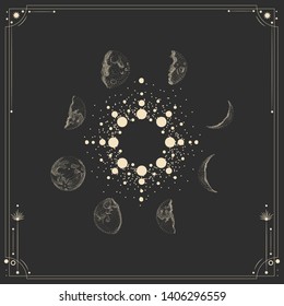 Vector illustration set of moon phases. Different stages of moonlight activity in vintage engraving style. Zodiac Signs