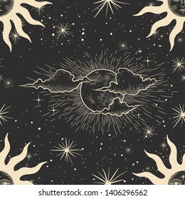 Vector illustration set of moon phases. Different stages of moonlight activity in vintage engraving style. Zodiac Signs