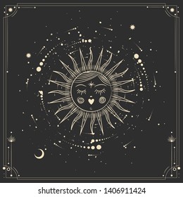 Vector illustration set of moon phases. Different stages of moonlight activity in vintage engraving style. Zodiac Signs