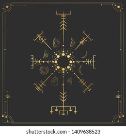 Vector illustration set of moon phases. Different stages of moonlight activity in vintage engraving style. Zodiac Signs. yellow gold