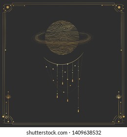 Vector illustration set of moon phases. Different stages of moonlight activity in vintage engraving style. Zodiac Signs. yellow gold