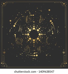 Vector illustration set of moon phases. Different stages of moonlight activity in vintage engraving style. Zodiac Signs. yellow gold