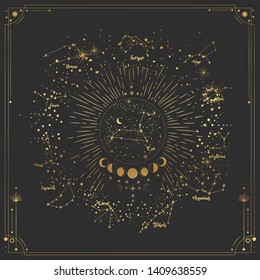 Vector illustration set of moon phases. Different stages of moonlight activity in vintage engraving style. Zodiac Signs. yellow gold