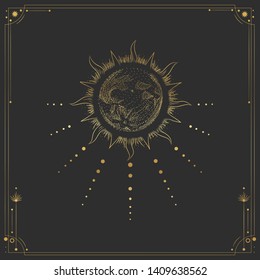 Vector illustration set of moon phases. Different stages of moonlight activity in vintage engraving style. Zodiac Signs. yellow gold